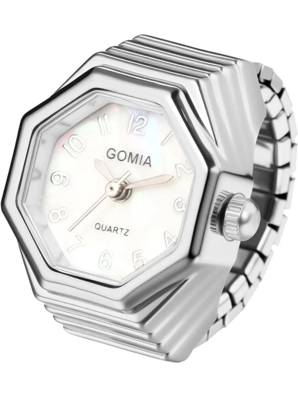 Unisex Silver Analog Quartz Stretchy Elastic Band Octagon Dial Finger Ring Watch